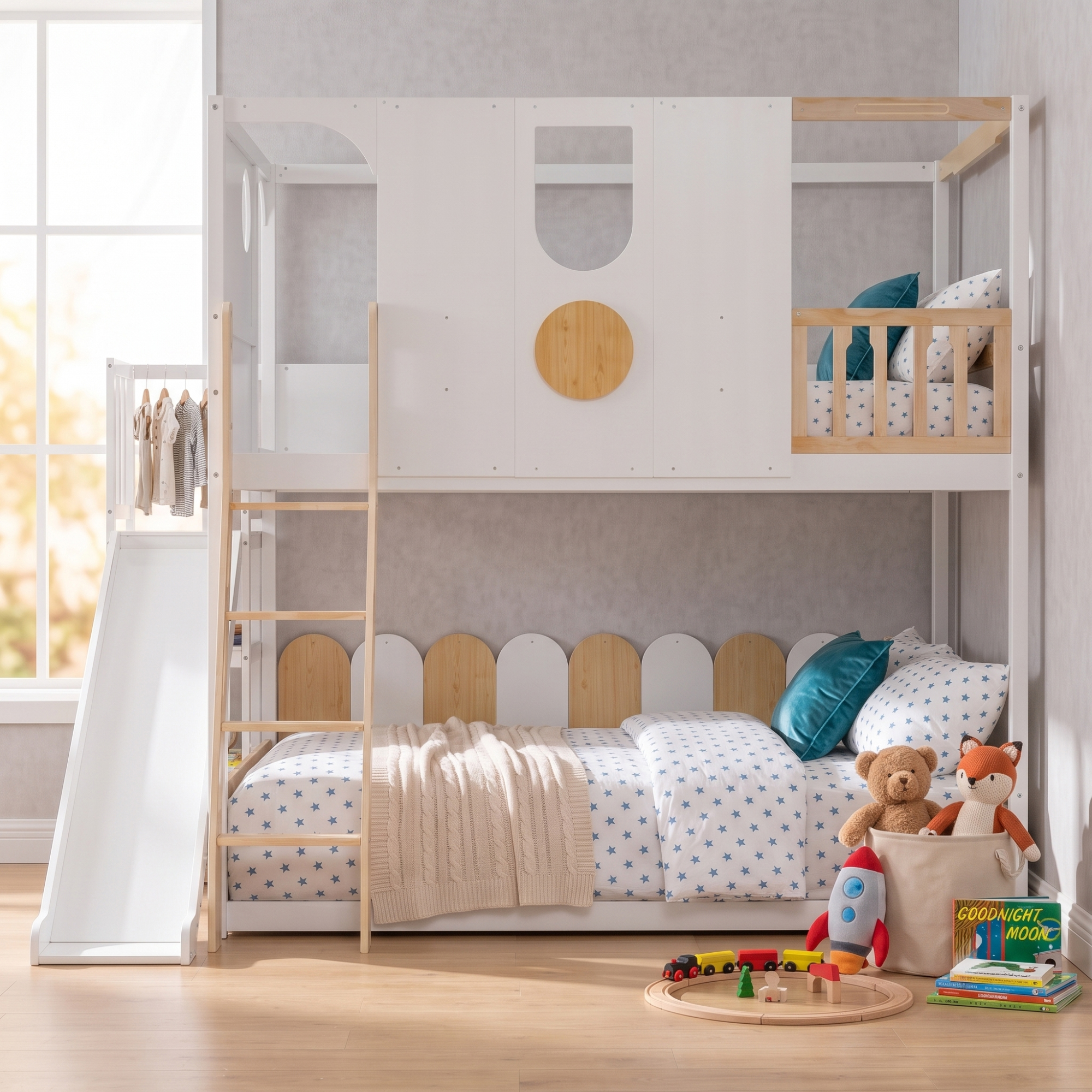 Full Size Kids Loft Bed With Slide, Storage Shelves And Guardrails