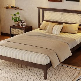Queen Size Solid Wooden Bed with Rattan Headboard