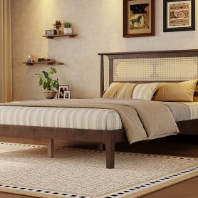 Queen Size Solid Wooden Bed with Rattan Headboard