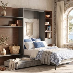 Twin Murphy Bed with Storage Cabinet, Open Shelving & USB Port, Large Sofa Front