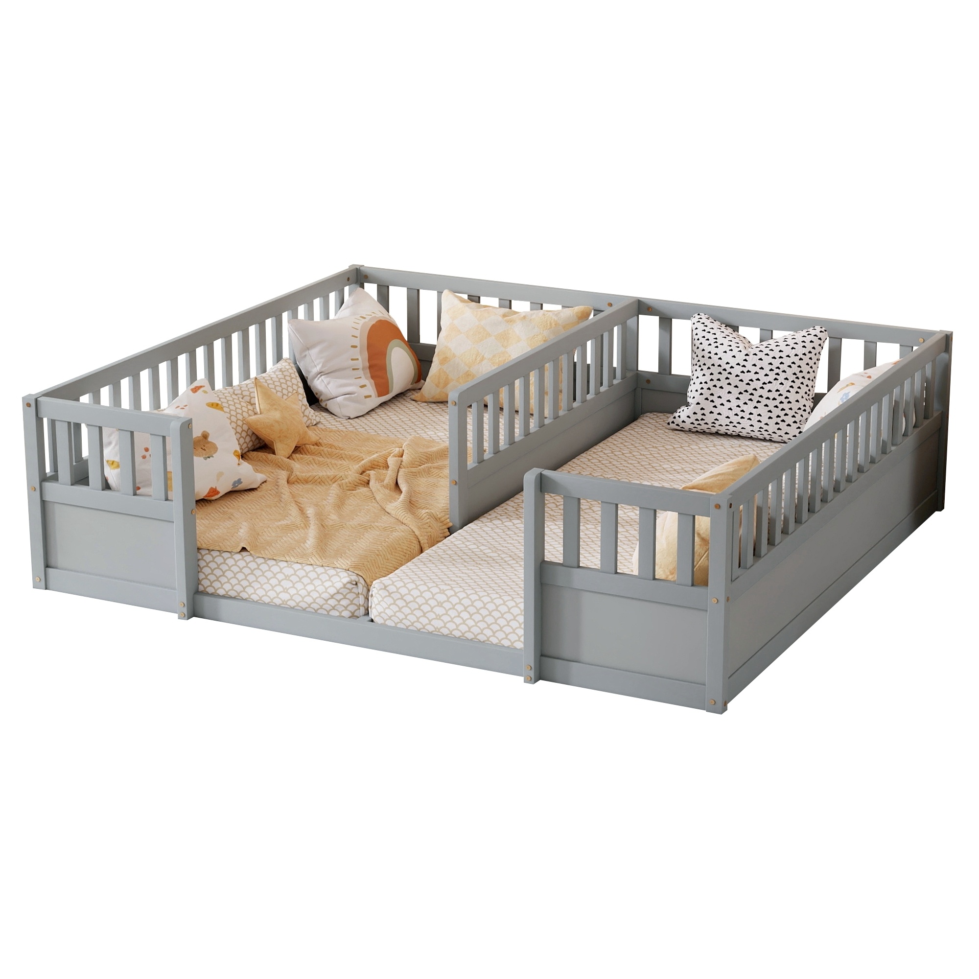 Double Pine Wood Twin Floor Bed with Semi-Enclosed Safety Guardrails, Open Entrance