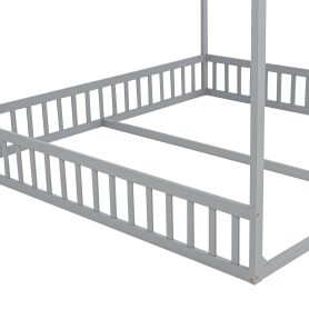 Double Twin House-Shaped Floor Bed with Safety Guardrails