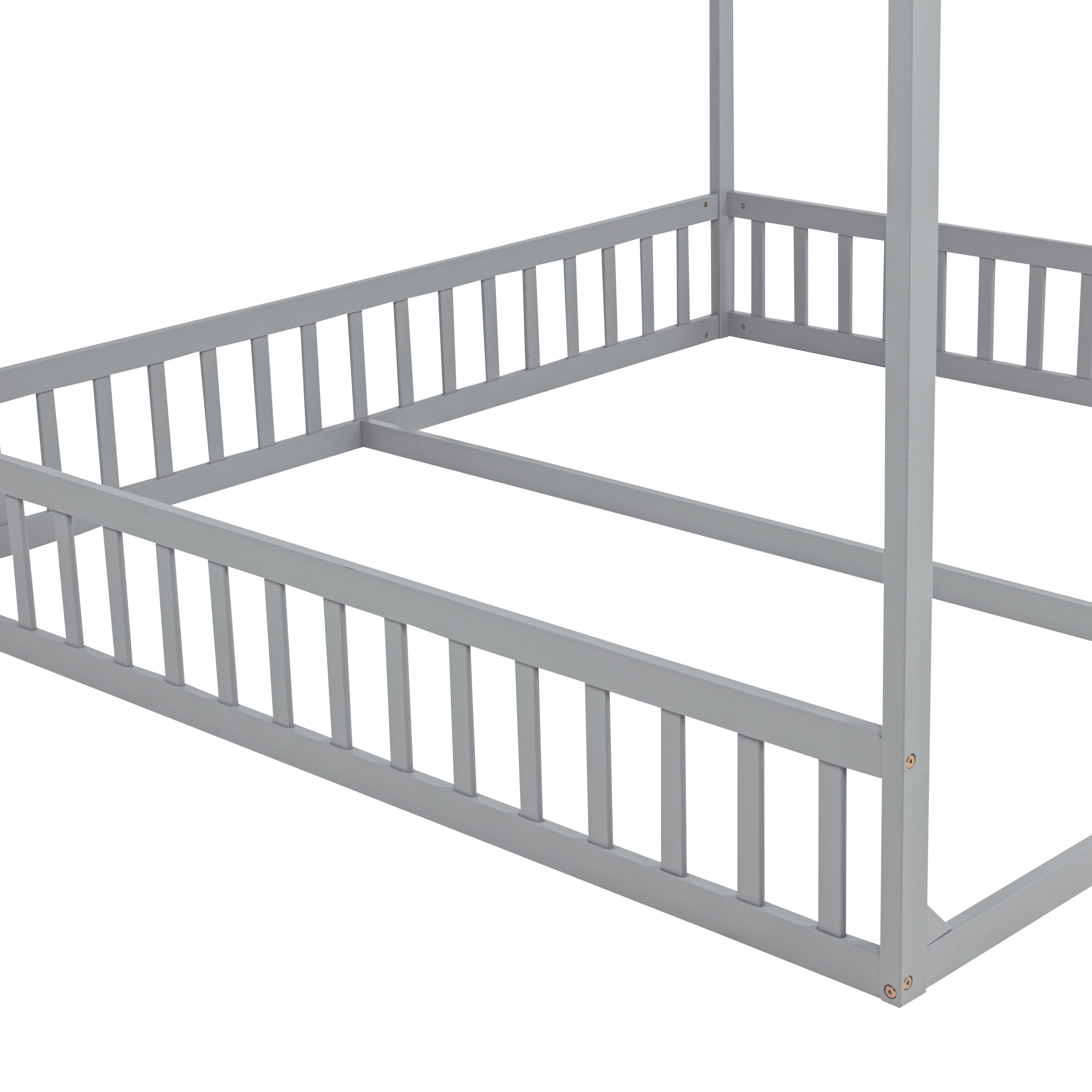 Double Twin House-Shaped Floor Bed with Safety Guardrails