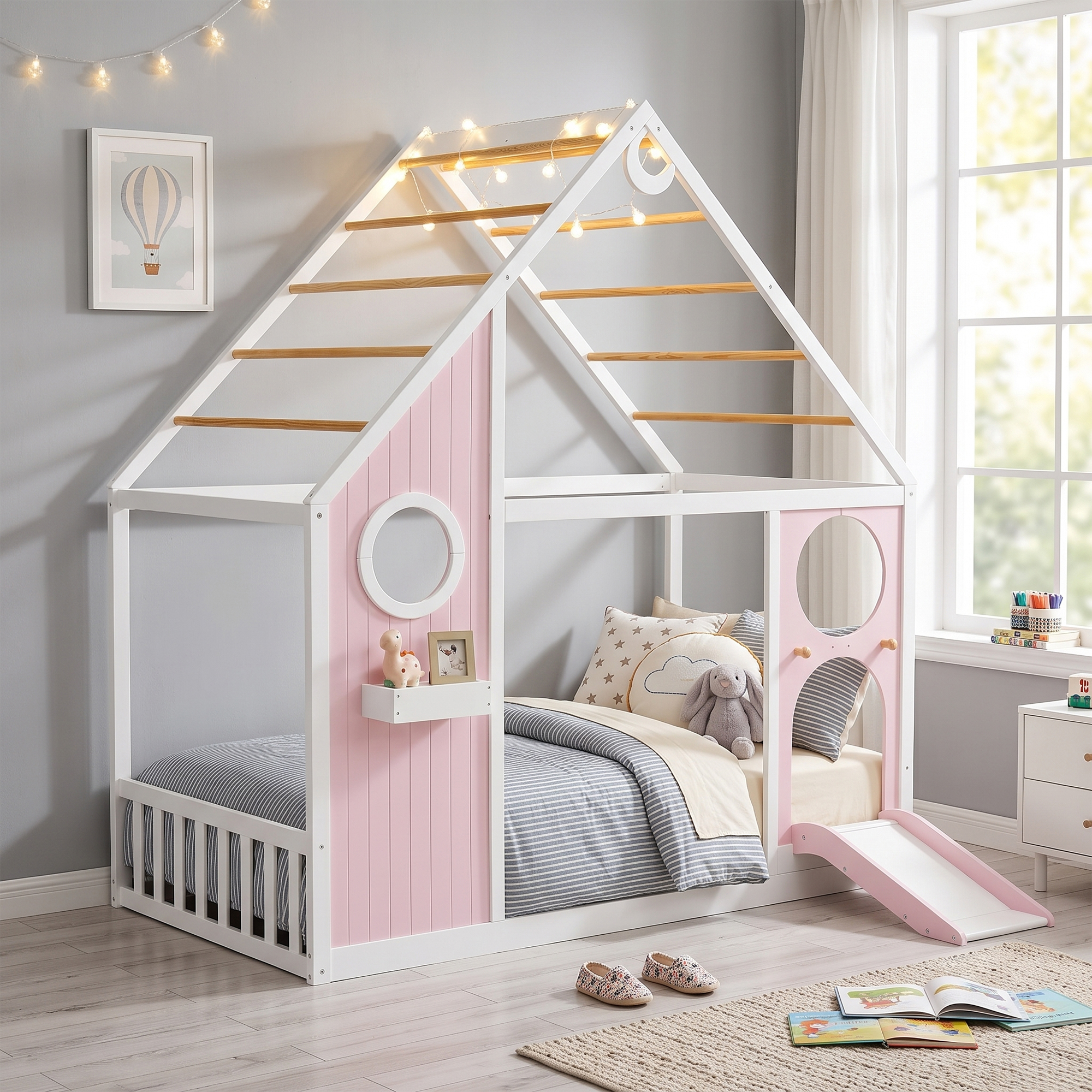 Wooden Playhouse Design Platform Bed with Front Panel and Slide