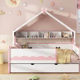 Full Size House-Shaped Daybed with Built-In Bookshelf and Trundle