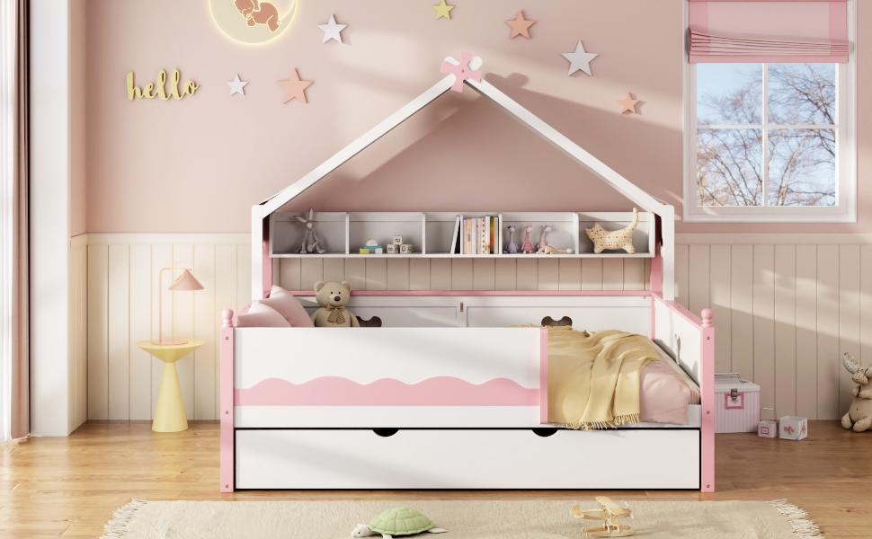 Full Size House-Shaped Daybed with Built-In Bookshelf and Trundle