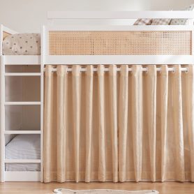 Full Size Bunk Bed with 3-Tier Storage Shelf, Rattan Decor, Privacy Curtains & Lights