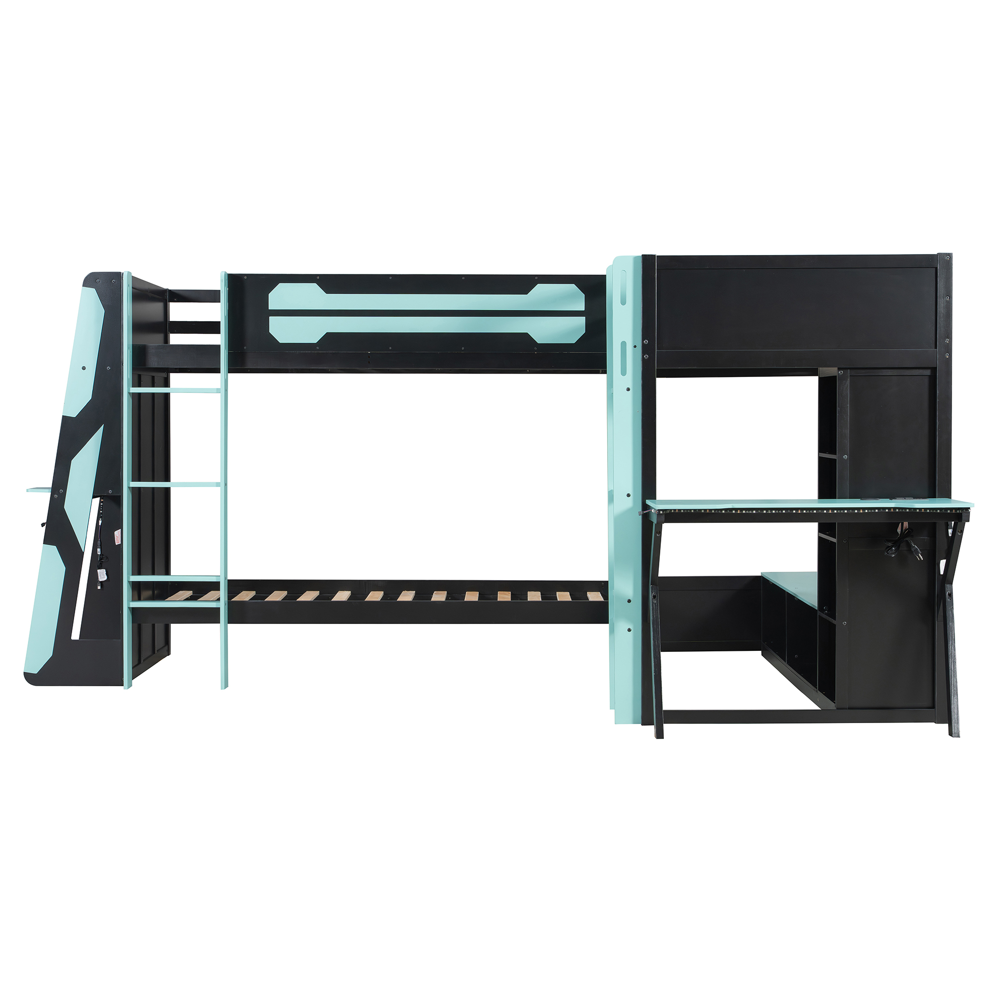 L-Shaped Wooden Twin Size Gaming Bed Frame with RGB LED Lights, USB Ports, TV Stand & Storage Shelves