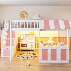 Full Size Loft Bed with Storage Steps, LED Light, Under Bed Cabinets