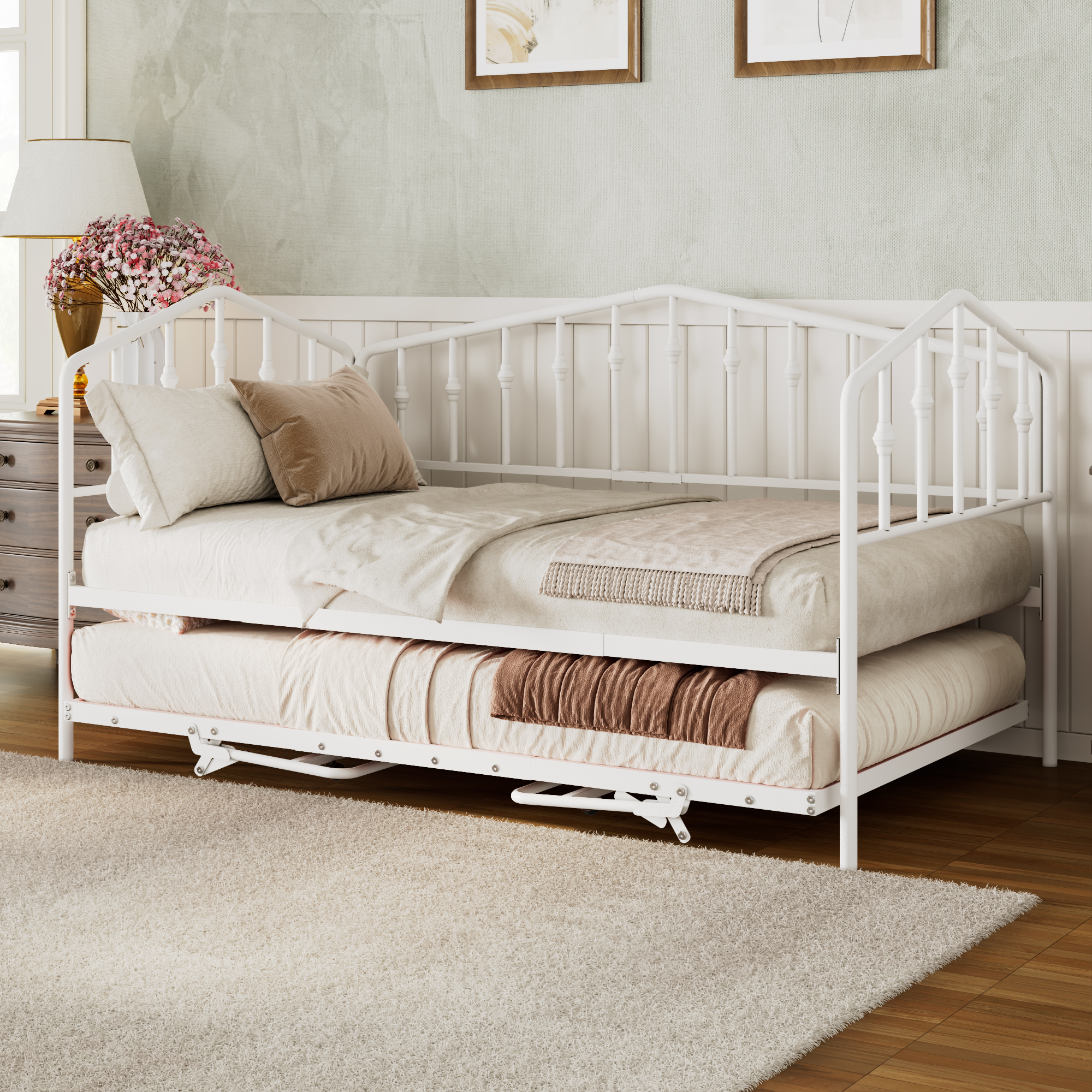 Twin Size Stylish Metal Daybed with Twin Size Adjustable Trundle