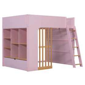 Full Size Wooden High Sleeper Loft Bed with Ladder and Storage Shelves