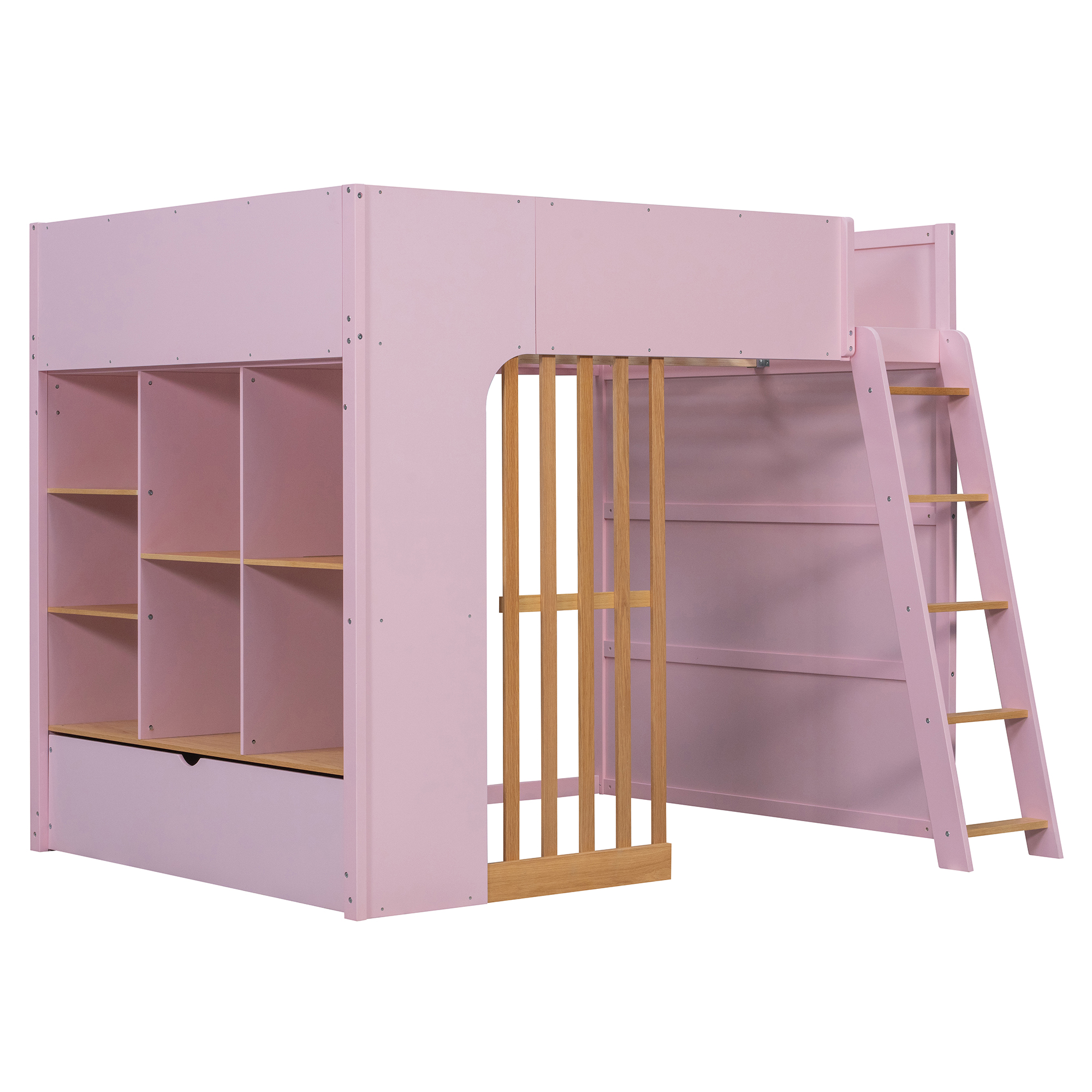 Full Size Wooden High Sleeper Loft Bed with Ladder and Storage Shelves