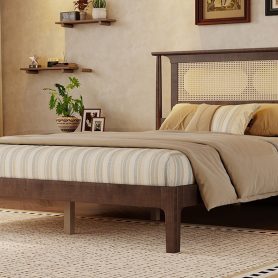 Queen Size Solid Wooden Bed with Rattan Headboard