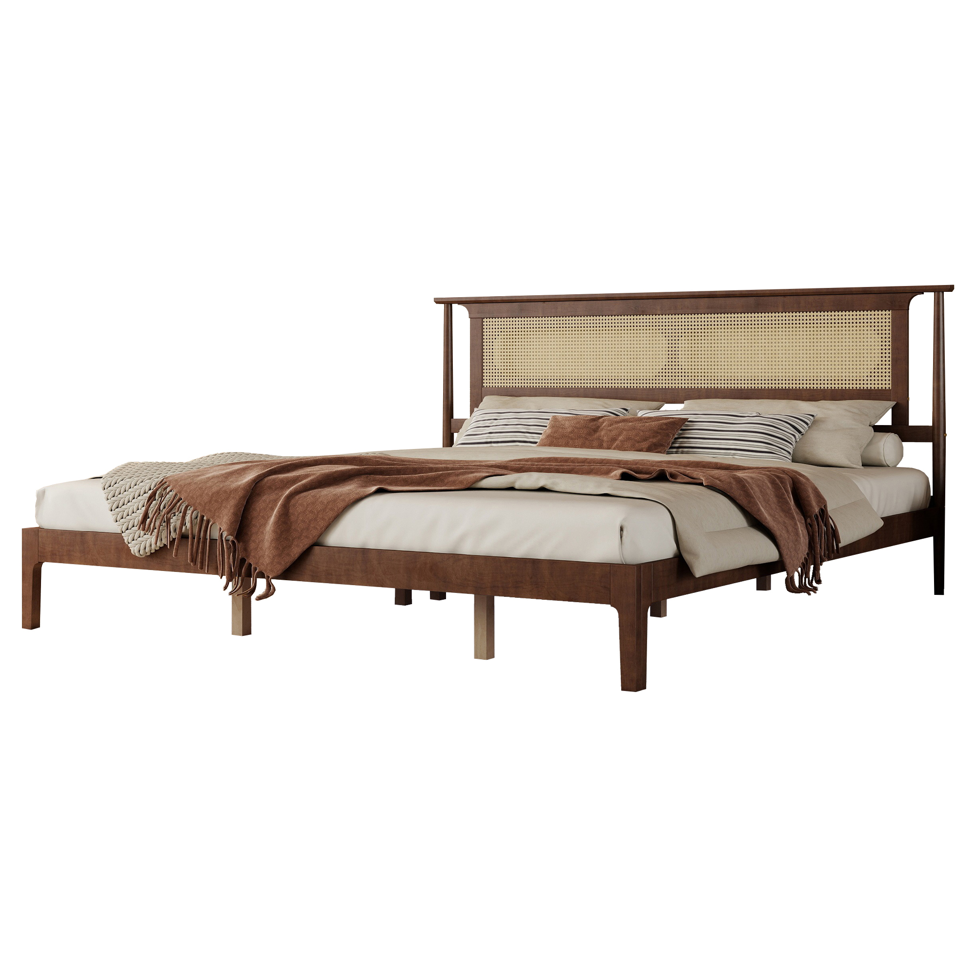 King Size Solid Wooden Bed with Rattan Headboard
