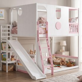 Full Size Kids Loft Bed With Slide, Storage Shelves And Guardrails