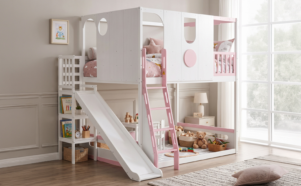 Full Size Kids Loft Bed With Slide, Storage Shelves And Guardrails