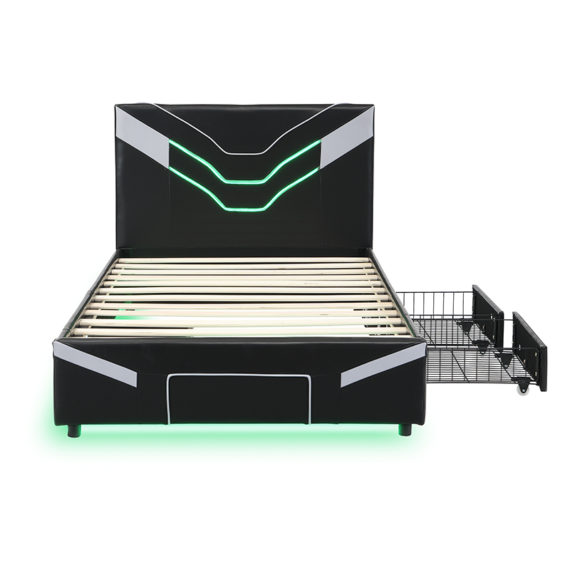 Twin Size Upholstered Gaming Bed Frame with LED Lights