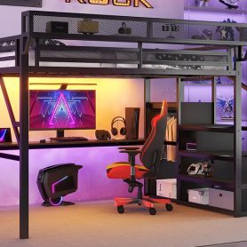 Metal Queen Size Loft Bed With Desk, Charging Station, Stairs And Light