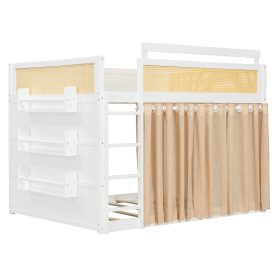 Full Size Bunk Bed with 3-Tier Storage Shelf, Rattan Decor, Privacy Curtains & Lights