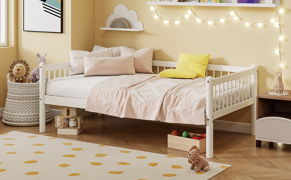 Twin Pine Wood Daybed With 3-Side Guardrails & 10 Support Slats