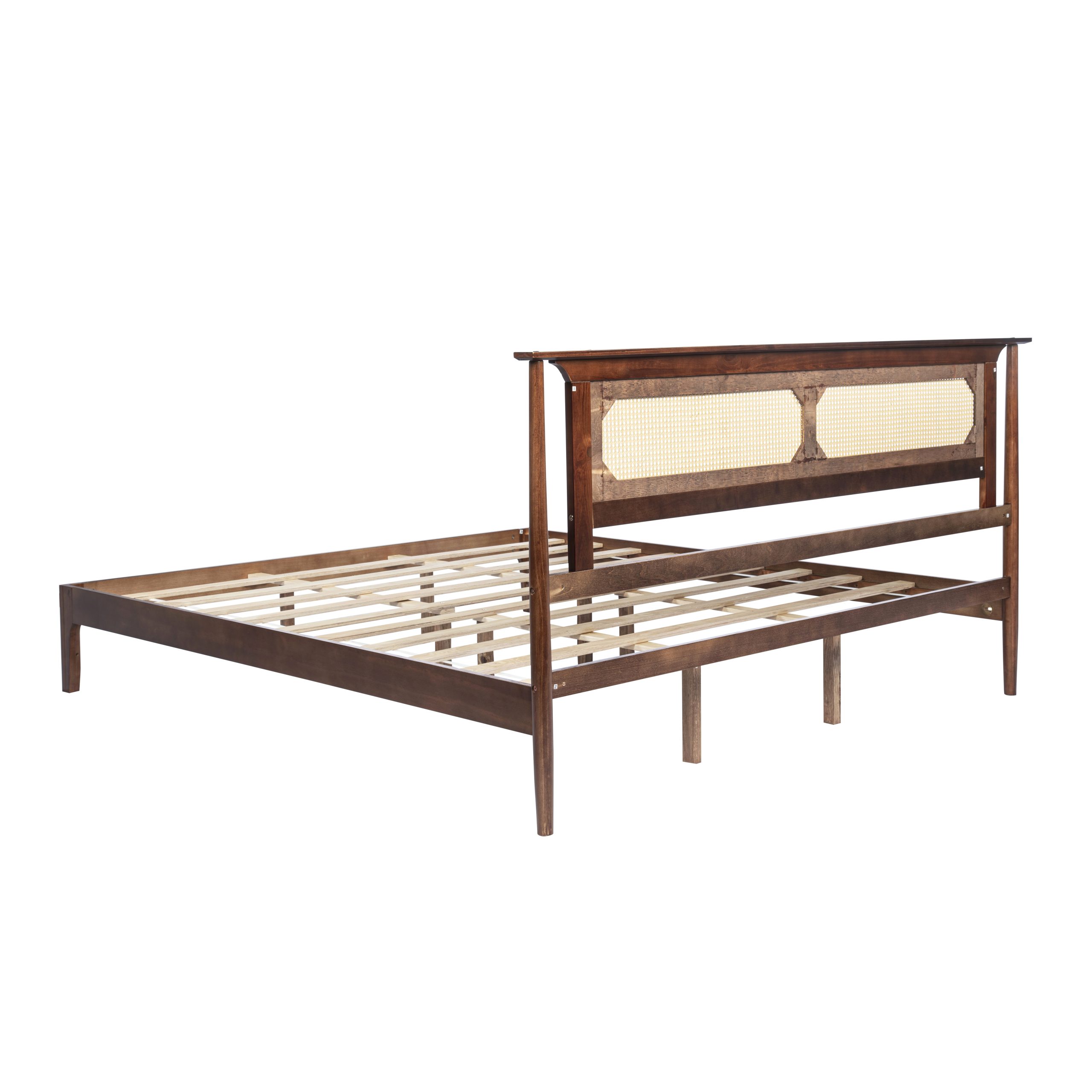 King Size Solid Wooden Bed with Rattan Headboard