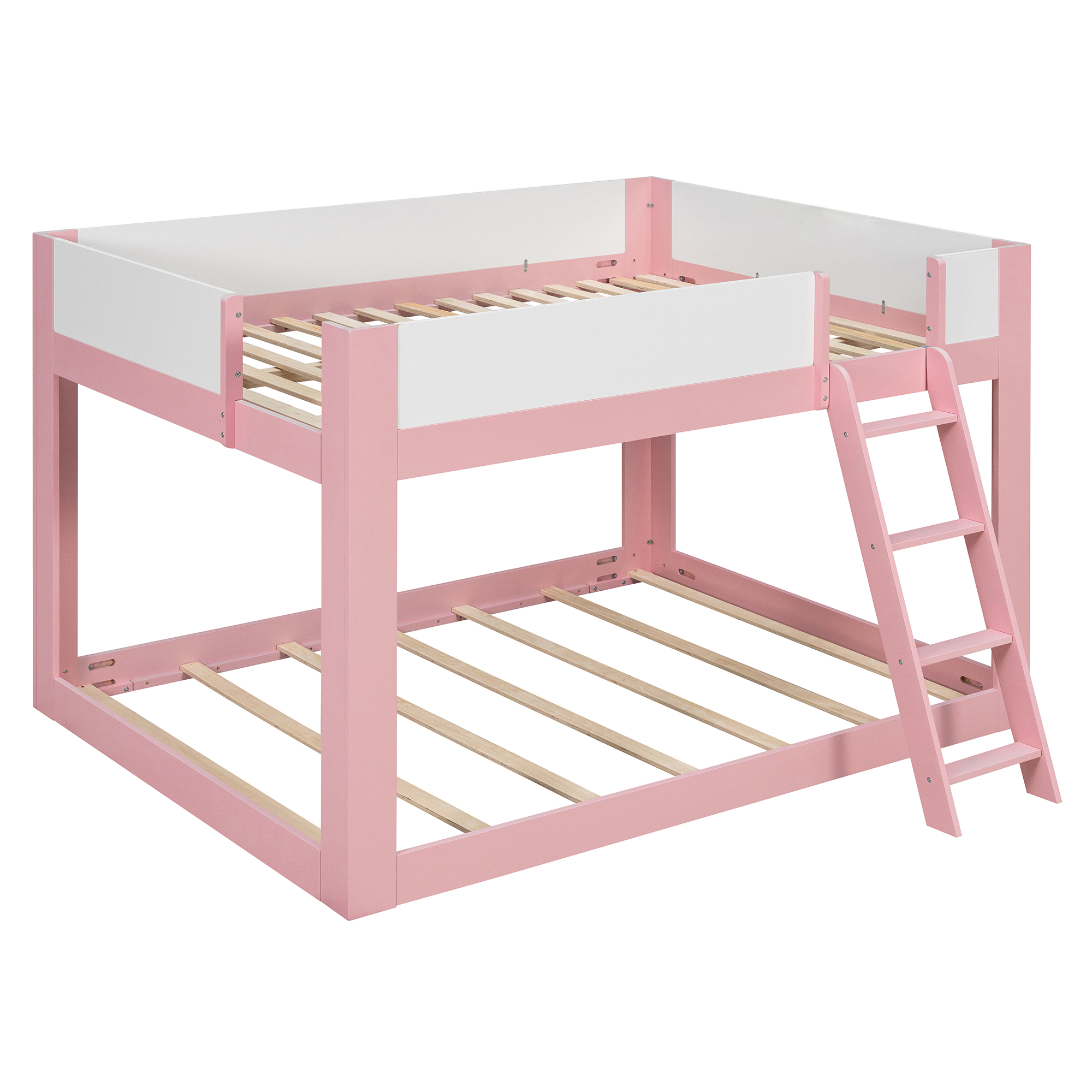 Queen Size Low Convertible Bunk Bed With Reversible Ladder And Safety Guardrails