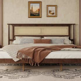 King Size Solid Wooden Bed with Rattan Headboard