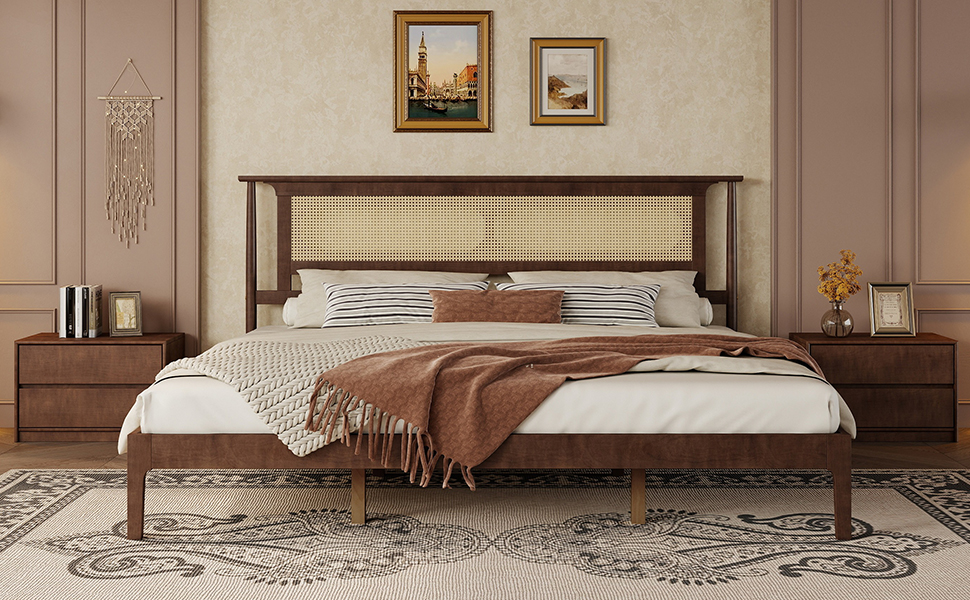 King Size Solid Wooden Bed with Rattan Headboard
