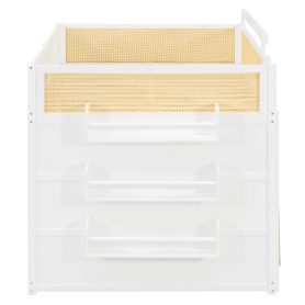 Full Size Bunk Bed with 3-Tier Storage Shelf, Rattan Decor, Privacy Curtains & Lights