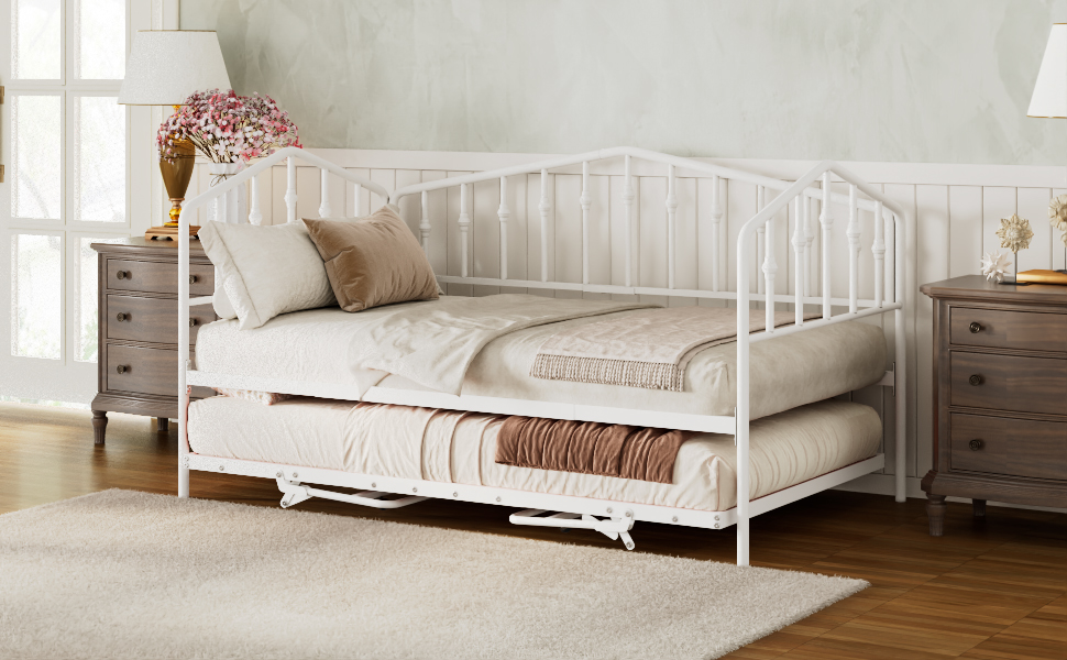 Twin Size Stylish Metal Daybed with Twin Size Adjustable Trundle