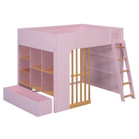 Full Size Wooden High Sleeper Loft Bed with Ladder and Storage Shelves