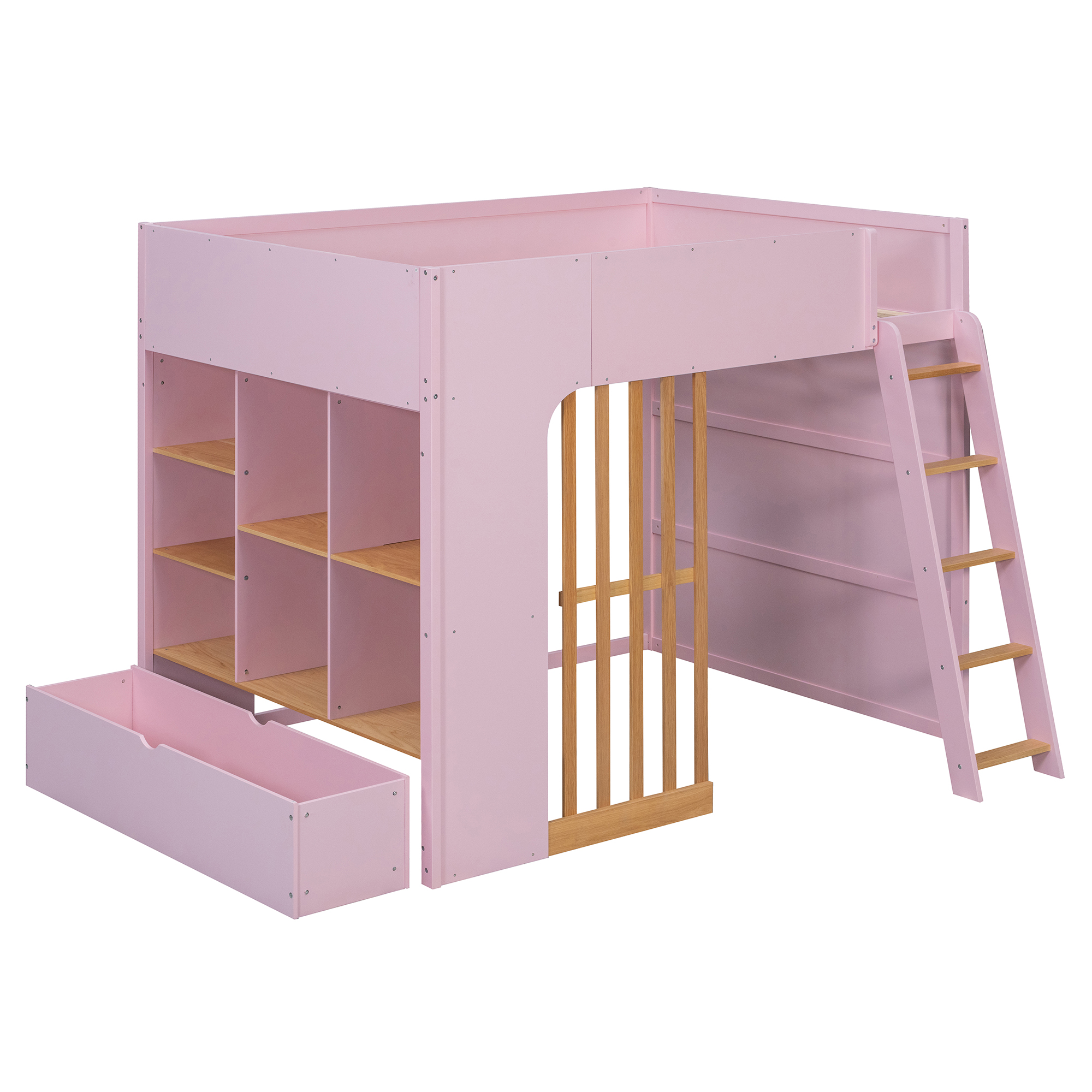 Full Size Wooden High Sleeper Loft Bed with Ladder and Storage Shelves