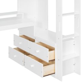 Twin Size Solid Wood Loft Bed With L-Shaped Desk, Storage Cabinet and Wardrobe