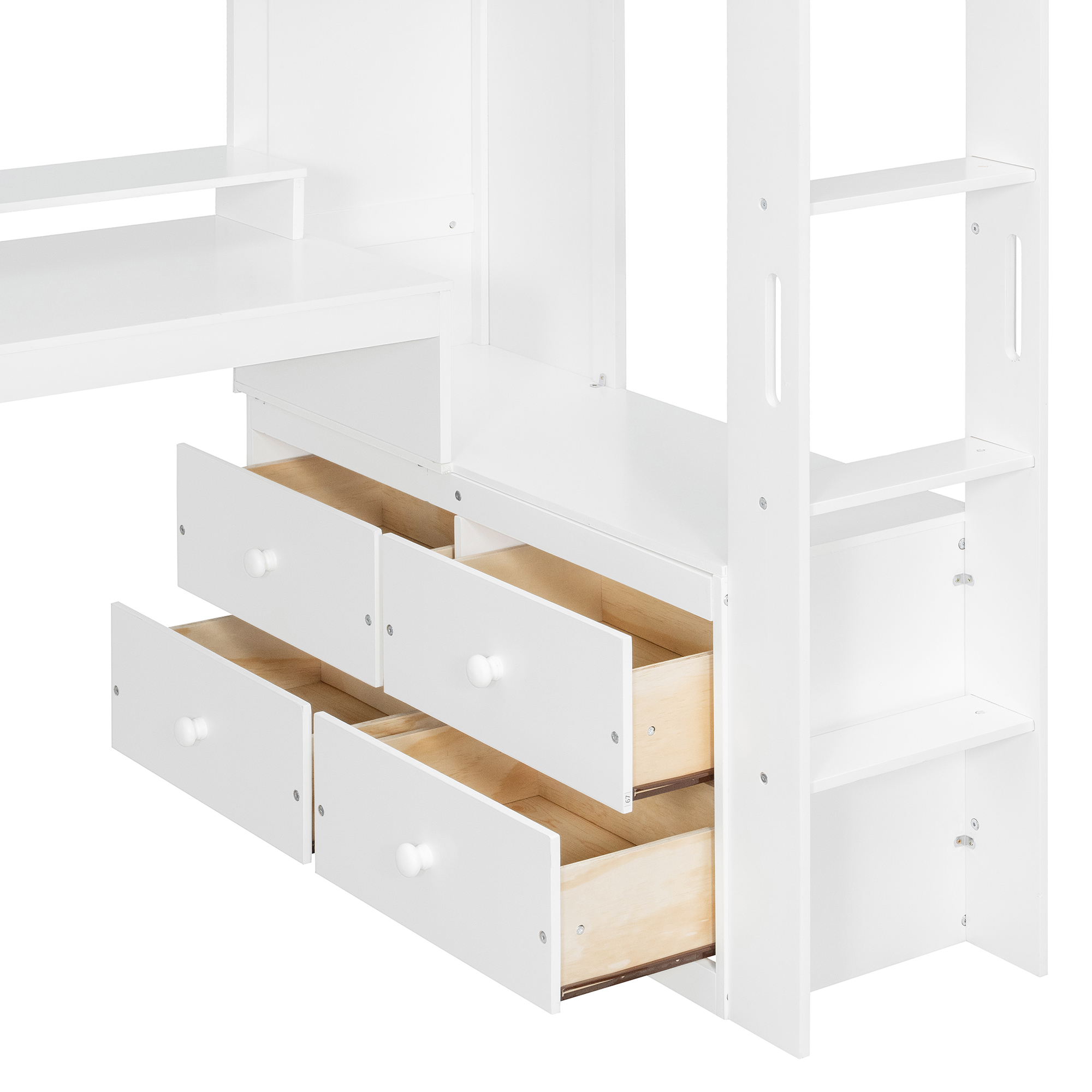 Twin Size Solid Wood Loft Bed With L-Shaped Desk, Storage Cabinet and Wardrobe