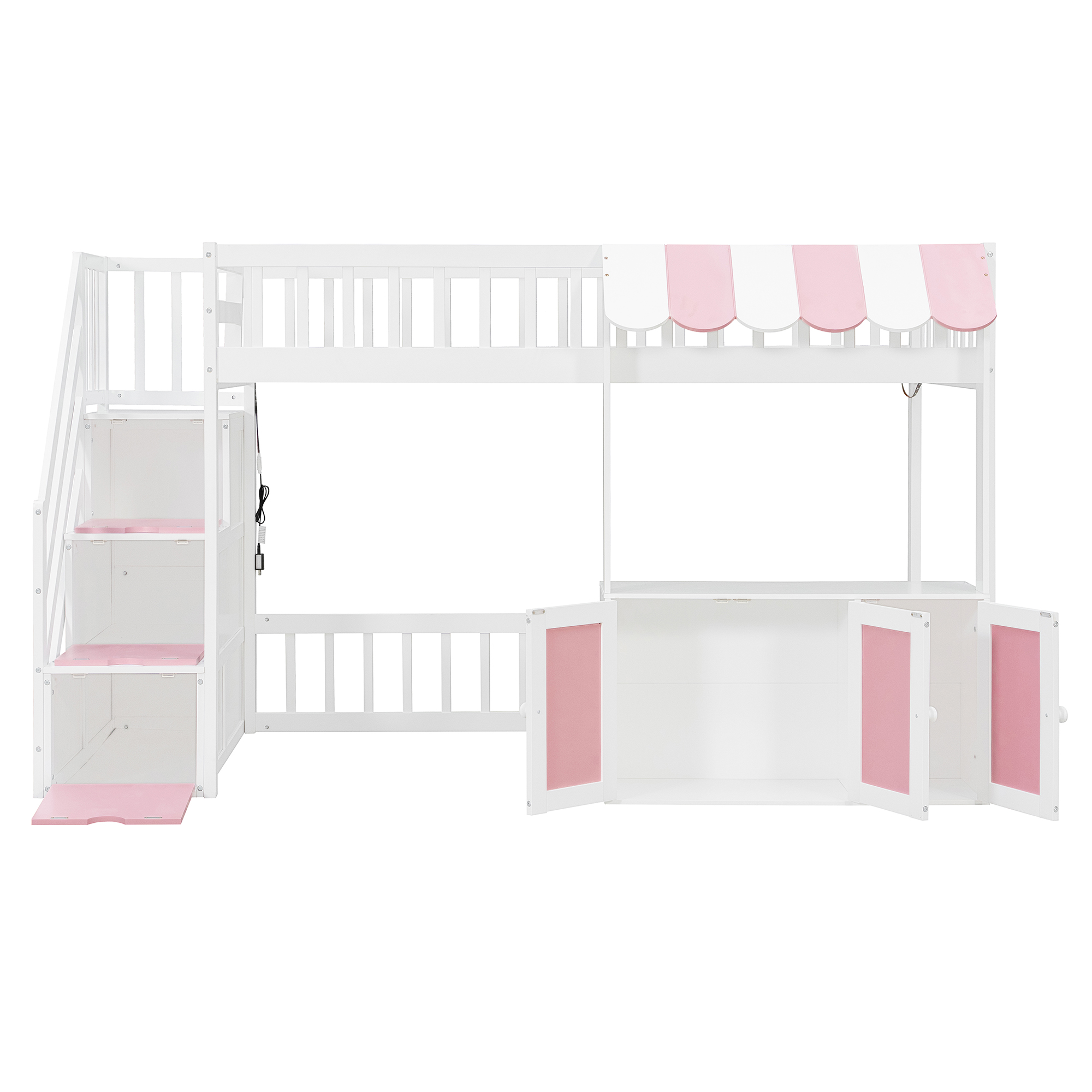 Twin Size Loft Bed with Storage Steps, LED Light, Under Bed Cabinets