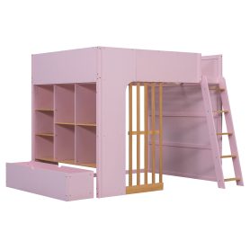 Full Size Wooden High Sleeper Loft Bed with Ladder and Storage Shelves