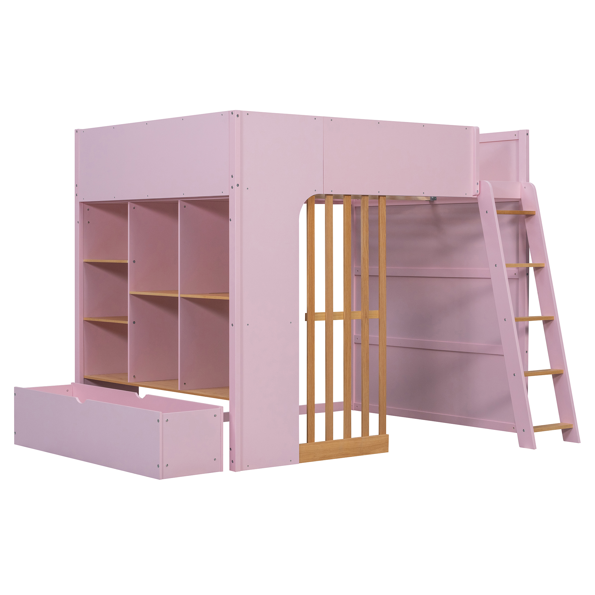 Full Size Wooden High Sleeper Loft Bed with Ladder and Storage Shelves