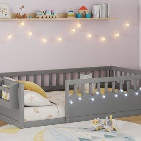 Twin Montessori Floor Bed with High Rails, Light And Storage Shelf