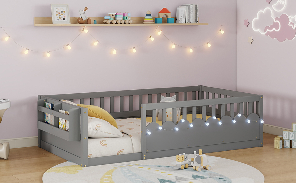 Twin Montessori Floor Bed with High Rails, Light And Storage Shelf