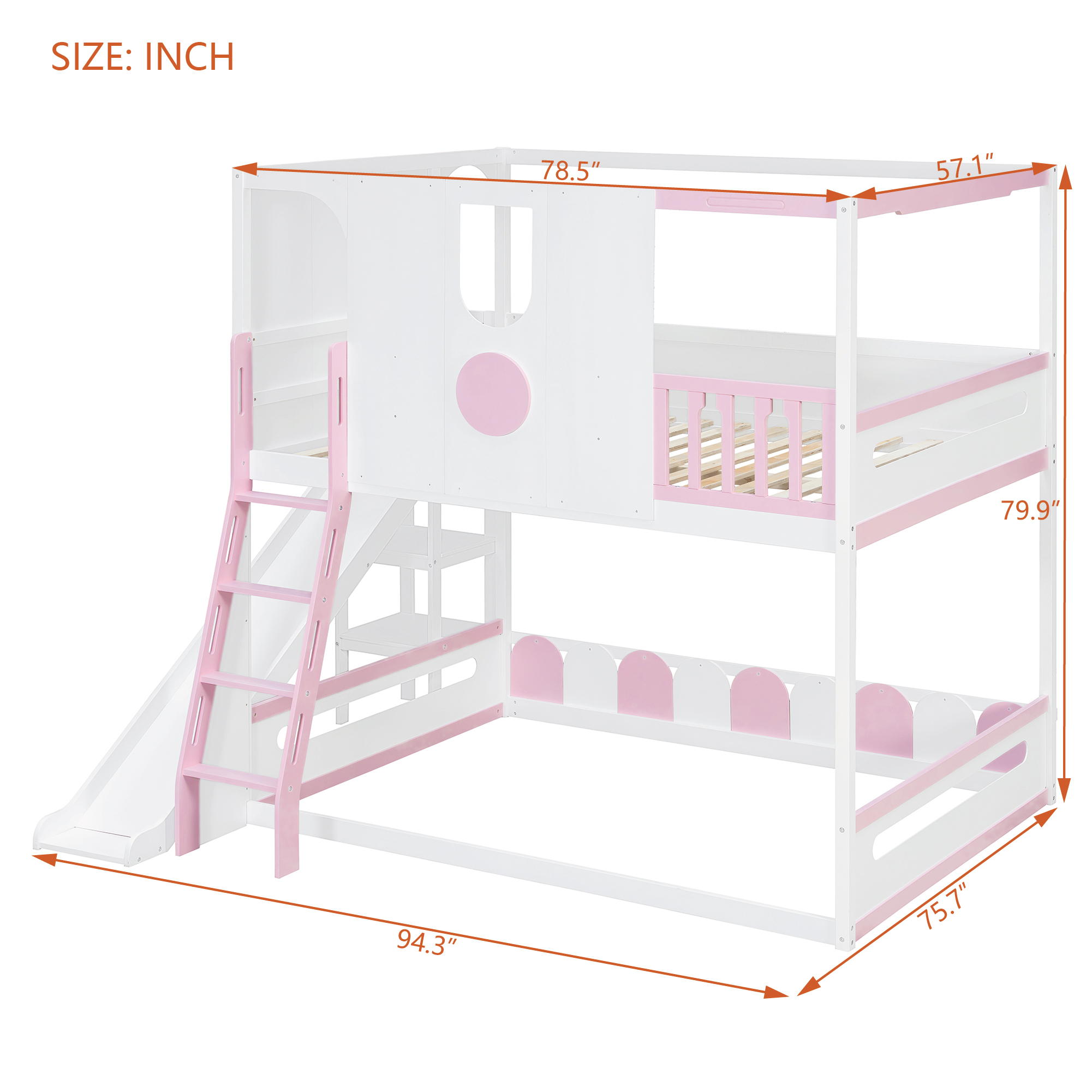 Full Size Kids Loft Bed With Slide, Storage Shelves And Guardrails
