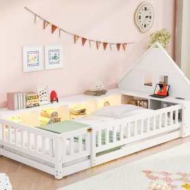 Twin Size Wood Floor Bed With Guardrail,  Storage Cabinets, LED, USB Port & Plug Outlets