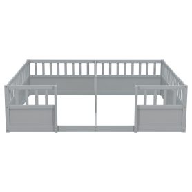 Double Pine Wood Twin Floor Bed with Semi-Enclosed Safety Guardrails, Open Entrance