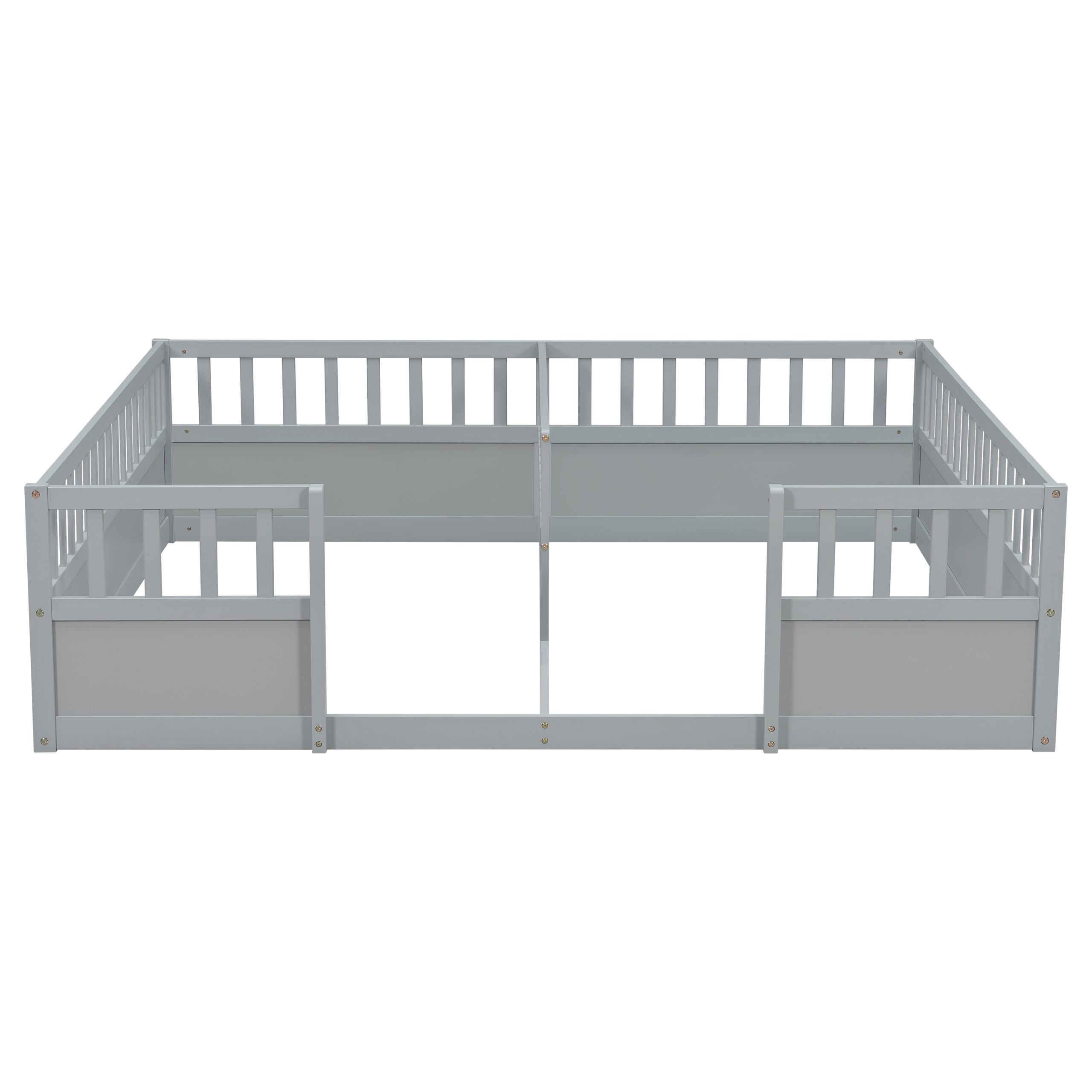 Double Pine Wood Twin Floor Bed with Semi-Enclosed Safety Guardrails, Open Entrance