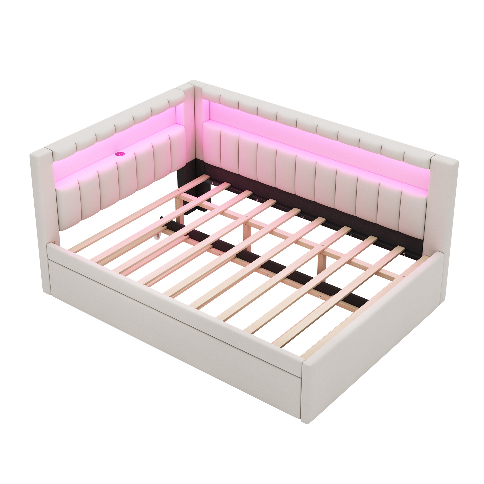 Upholstered Full Size Platform Bed with Trundle, USB Ports and LED Belt