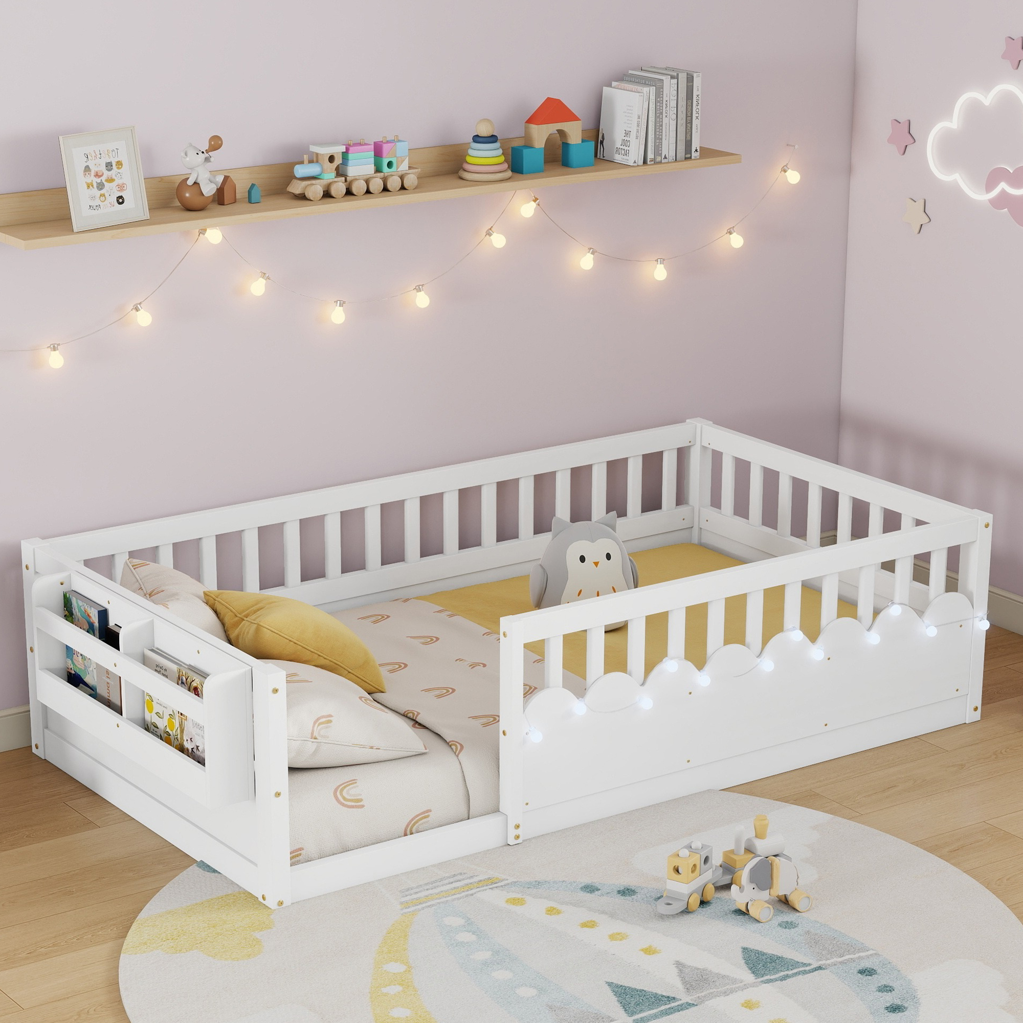Twin Montessori Floor Bed with High Rails, Light And Storage Shelf