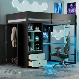 Full Size Solid Wood Loft Bed with Desk, Storage Cabinet and Wardrobe