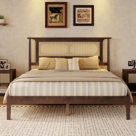Queen Size Solid Wooden Bed with Rattan Headboard