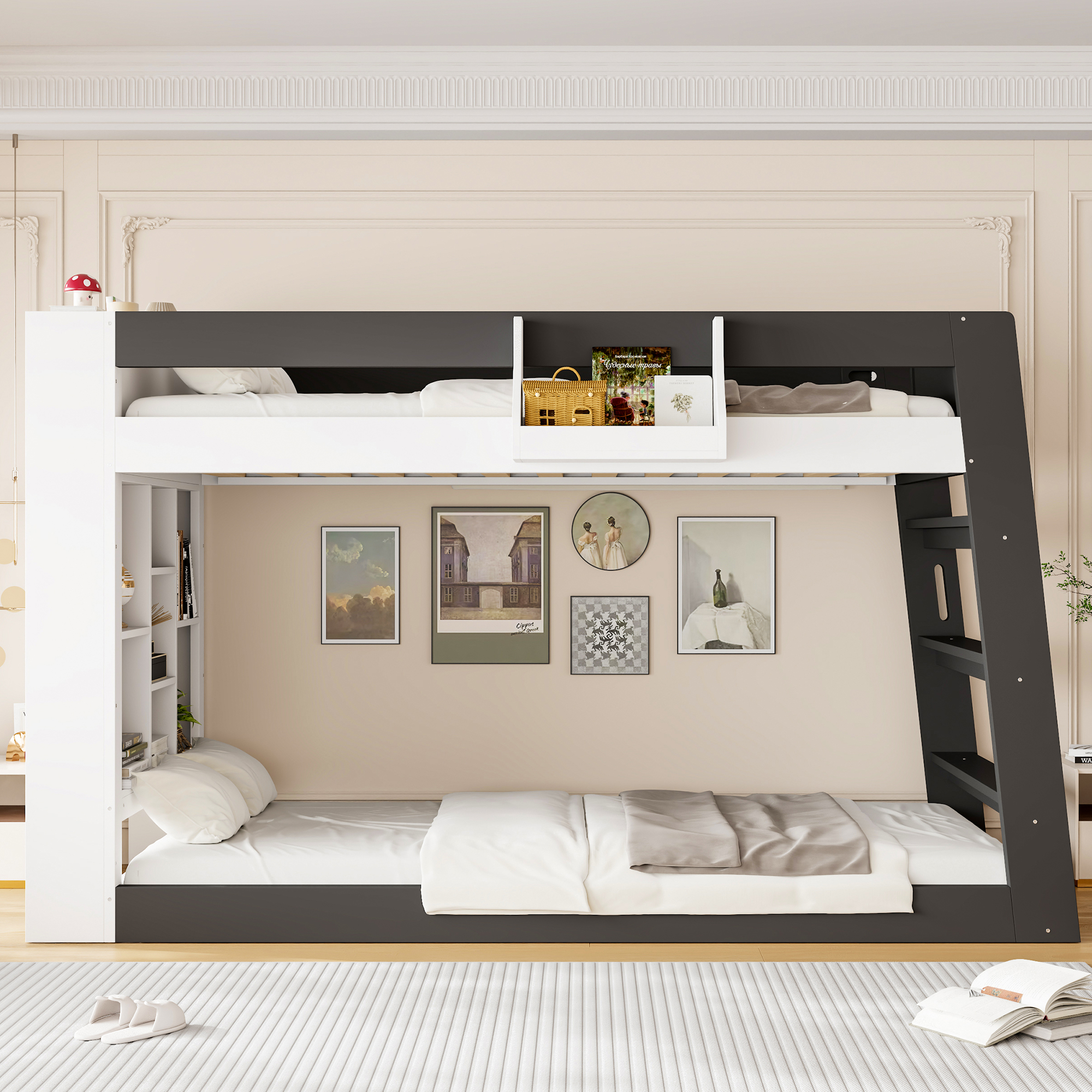 Twin Over Twin XL Bunk Bed with Storage Shelves & Guardrail Storage Basket