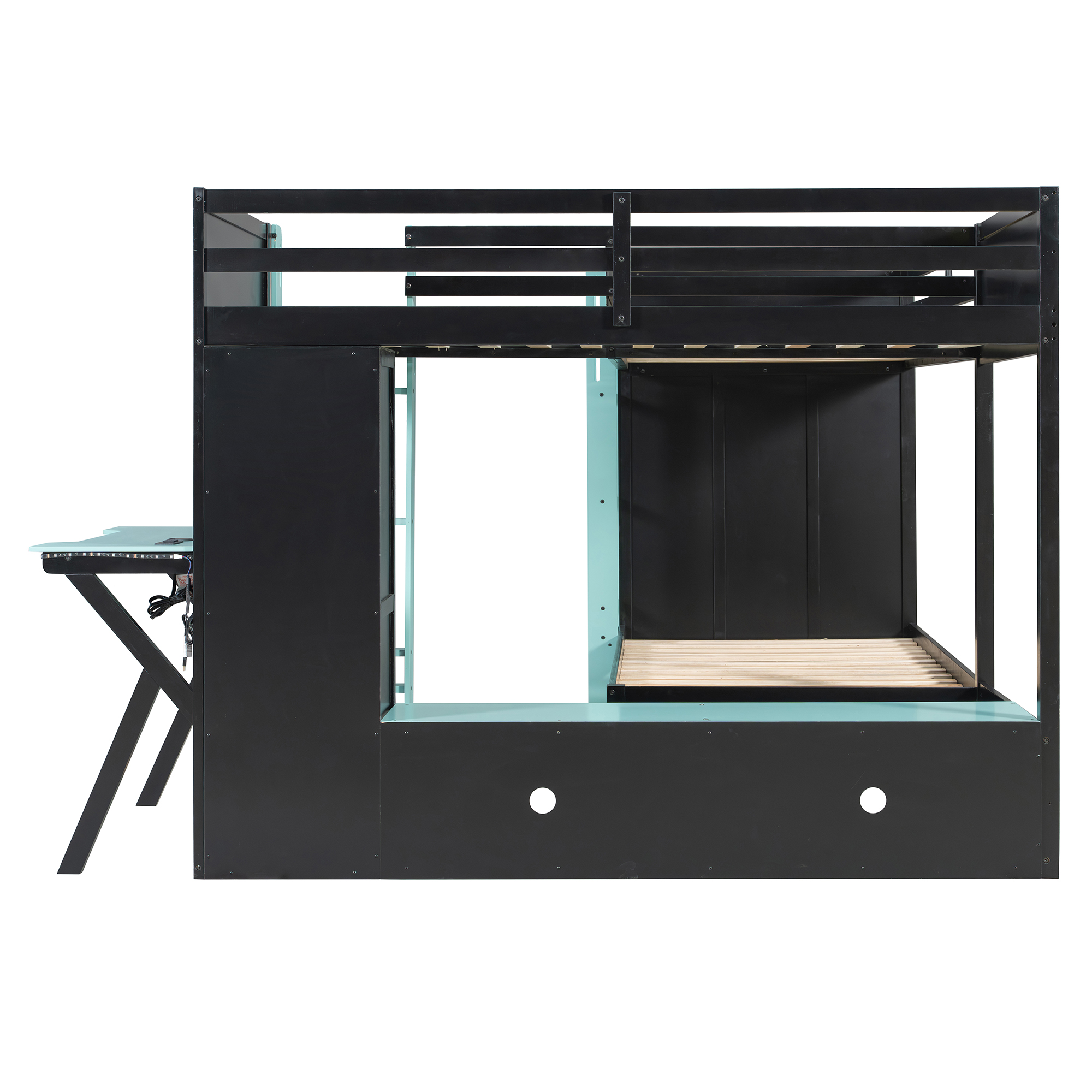 L-Shaped Wooden Twin Size Gaming Bed Frame with RGB LED Lights, USB Ports, TV Stand & Storage Shelves