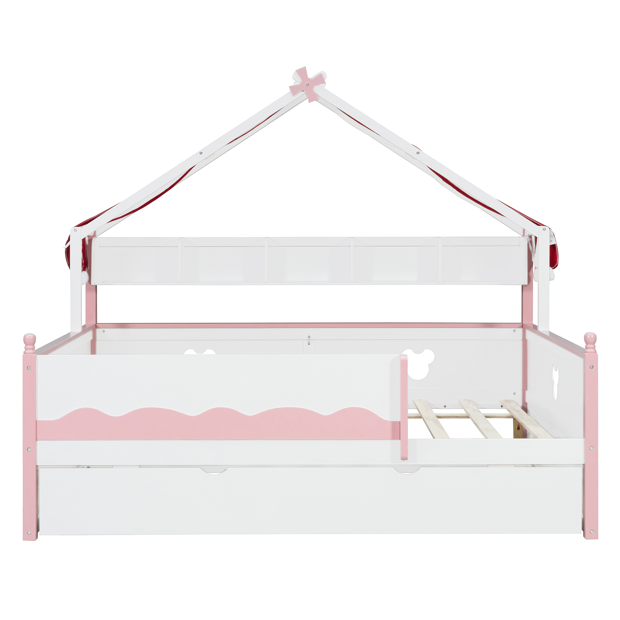 Full Size House-Shaped Daybed with Built-In Bookshelf and Trundle